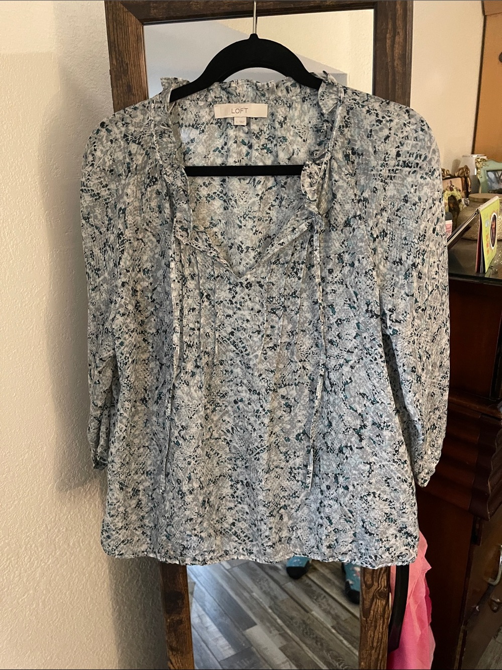 LOFT Blue Floral Ruffle-Tie Blouse